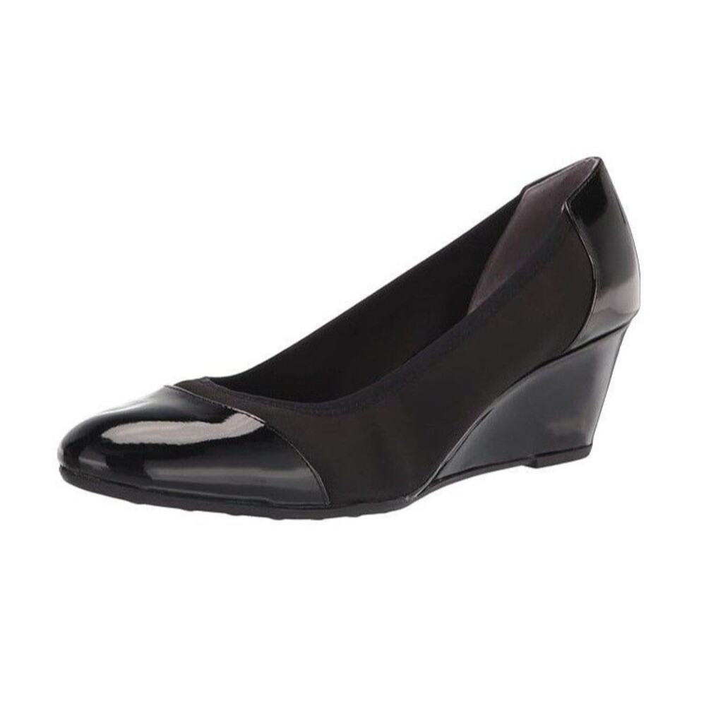 Life Stride Womens 6 M Black Patent Paneling Juliana Wedge Heel Pumps NIB RD3